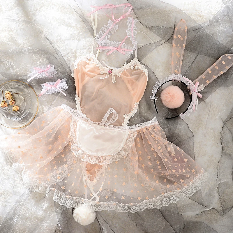 

Star Print Aprond Women Rabbit Bunny Maid Costume Sexy Erotic Lingerie Set Lace Jumpsuit Bodysuit Collar Headwear Wristban