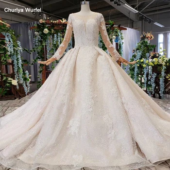 

HTL519 long sleeves wedding dress simple o-neck button back tulle appliques wedding gowns with train vestido de noiva pluz size