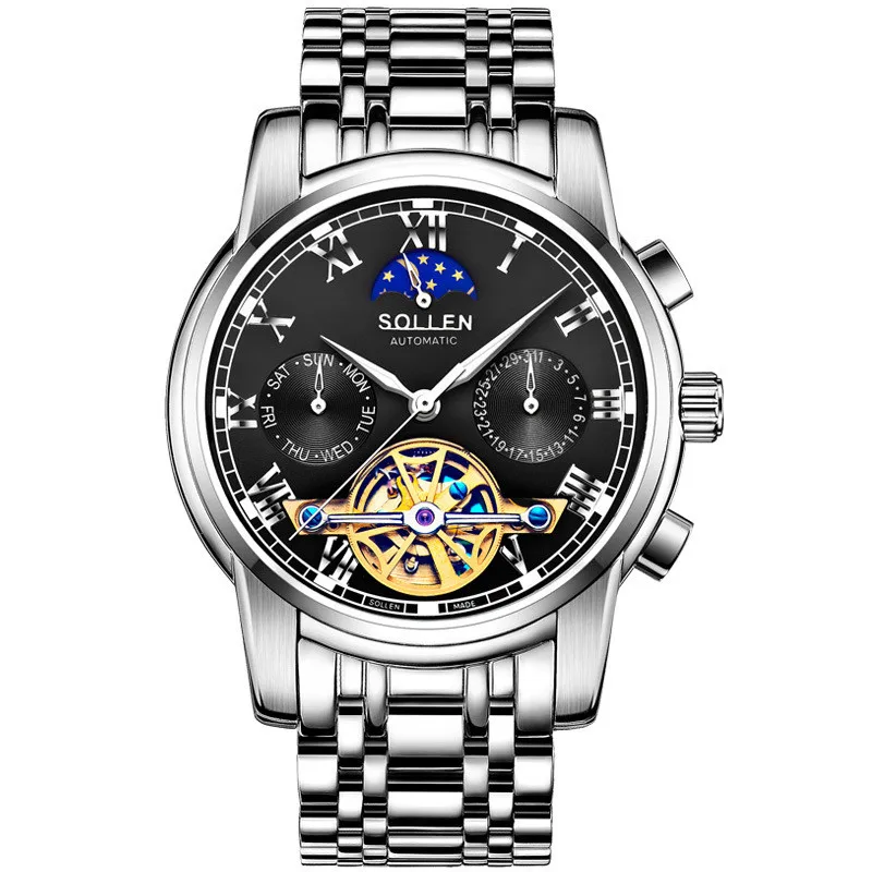 

2016 SOLLEN watches men automatic mechanical watch hollow steel men's fashion business waterproof watch male table Tourbillon