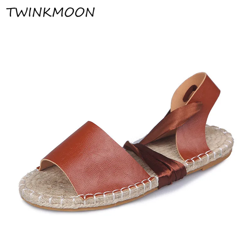 

Women Flat Sandals Vintage Straw Hemp Sole Ankle Strap Sandals Open Toe Lace Up Women Summer Shoes 2019 Female Size 43