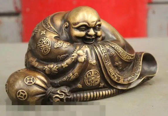 

S02680 7" Chinese Buddhism Pure Bronze Happy Laughing Maitreya Buddha Peach Robe Statue