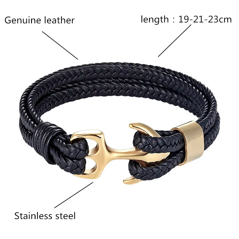 توم الأمل الأزياء الذهب الأسود الفضة اللون مرساة أساور الرجال سحر بقاء حبل سلسلة سوار Paracord الذكور التفاف المعادن السنانير