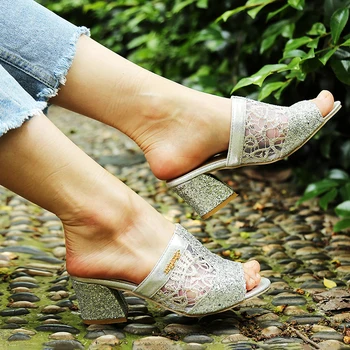 

1pair New Women Glitter Mesh Sandals Summer Fashion Peep Toe Casual Slippers Thick Heel Women Shoes Slip On Plus Sizes