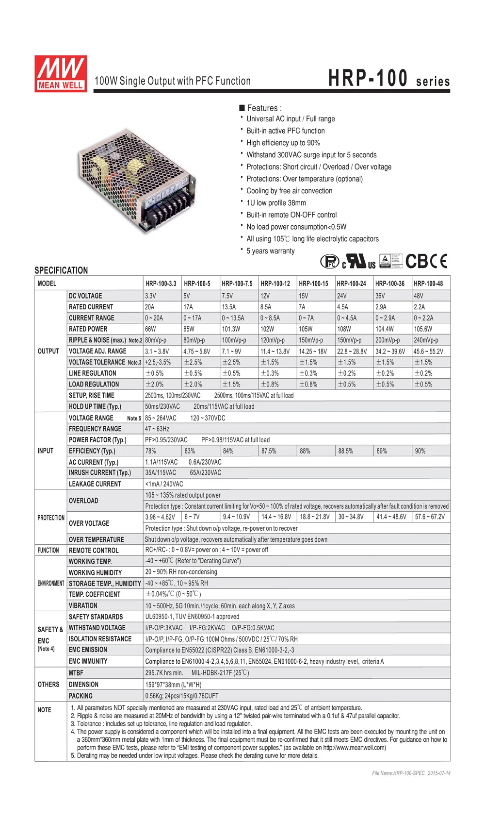 Бренд MEAN WELL представляет HRP-100-48 питания с одним выходом, 100 W 2.2A 48 V Средняя мощность питания 48 V с PFC Функция