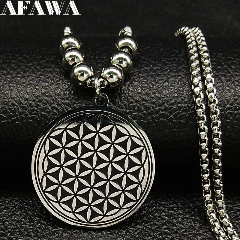 

2019 Fashion Blace Stainless Steel Long Necklaces Women Flower of Life Bead Necklaces Pendants Jewelry collier ethnique N18544