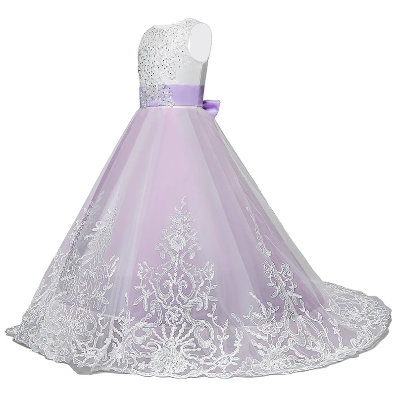 Элегантное платье принцессы для девочек на свадьбу, лиловый Фатин, кружевное длинное платье для девочек, праздничное платье для подружки