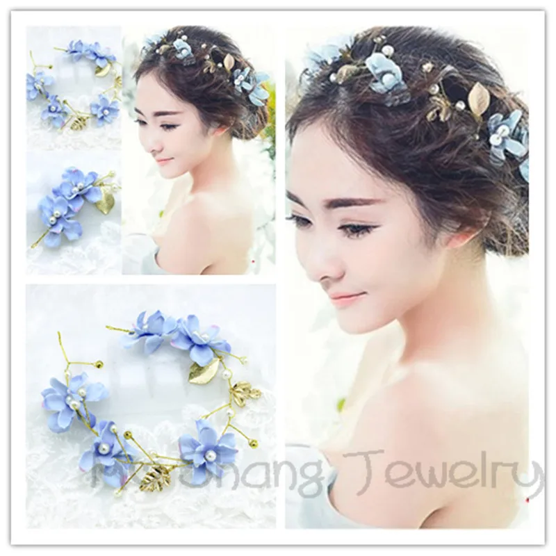 Blue Orchid Flower Crown Wedding Headpiece Leaf Floral Head Wreath Bridal Hair Band Grecian Leaf Hair Accessories