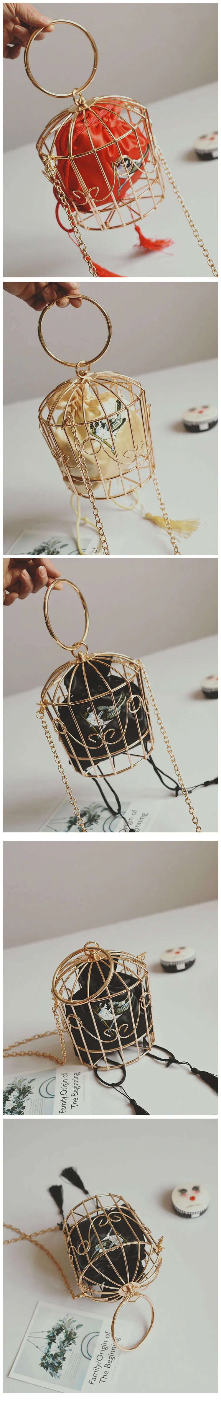 Дизайн, женская вечерняя сумка в клетку, клатч, металлический каркас, вышивка, ведро, клетка для птиц, мини сумка, кошелек, Женская Золотая сумочка с кисточками
