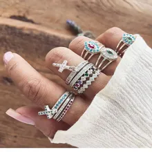 New fashion bohemian style ring set ladies national wind cross inlaid multicolor gem party party anniversary gift accessories retro faux gem inlaid wedding anniversary jewelry