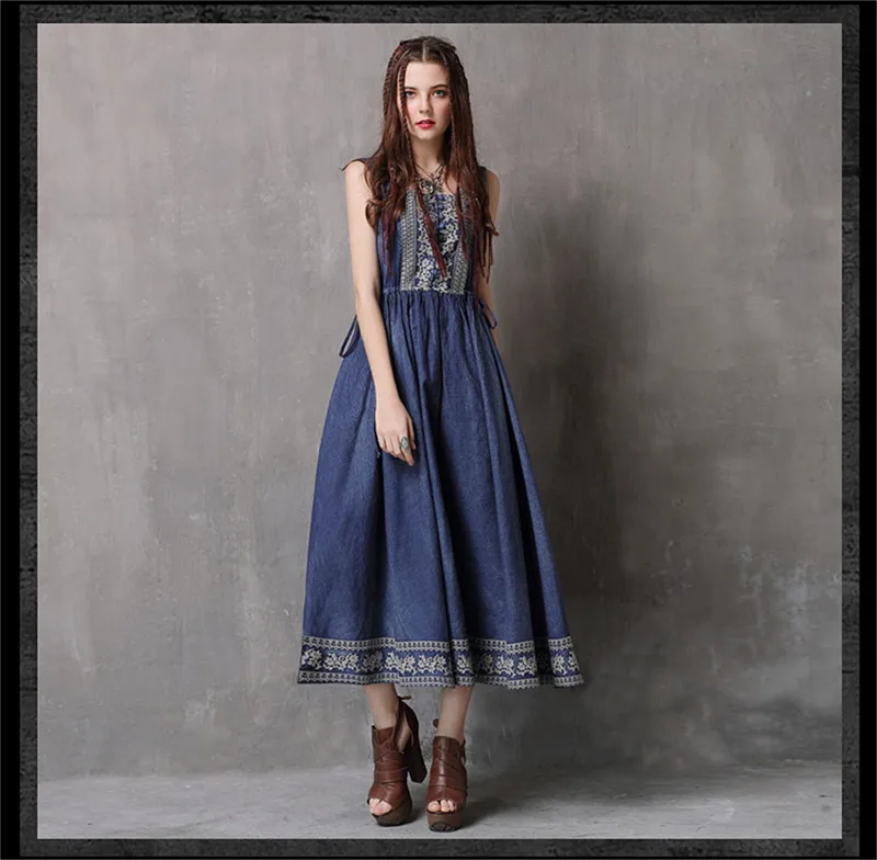 Vintage Summer Dress 2018 Cotton Women denim Dress Embroidery Dress Sleeveless  Tank Dresses O-Neck Floral Vestidos Femininos (13)