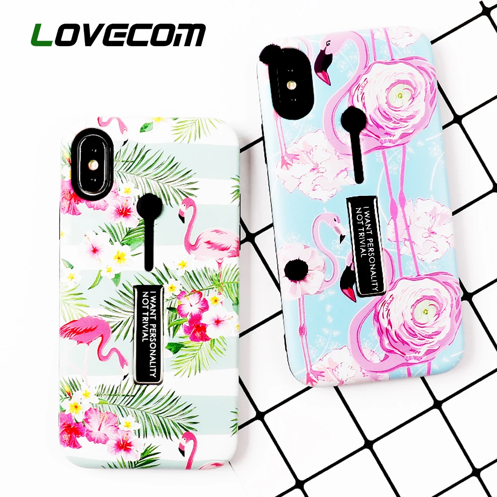 

LOVECOM Hide Stand Holder Cover For iPhone 8 7 6 6S Plus X XS MAX XR Cartoon Flamingo Finger Ring Kickstand Silicone Phone Case