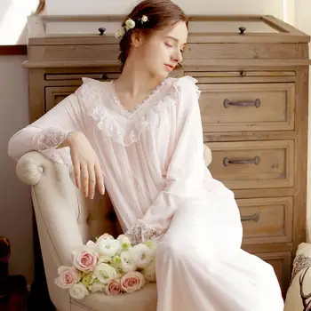 

Ruffles lace mesh long sleeve sweet Vintage Nightgown Sleepwear female summer autumn v-neck Sleep dress pigiama gecelik wj2234