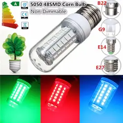 5050 SMD 48 светодио дный лампочки E27/E14/G9/B22 3,5 Вт красный/зеленый/синий 300 люмен энергосберегающие Пластик лампы не затемнения AC 220 В