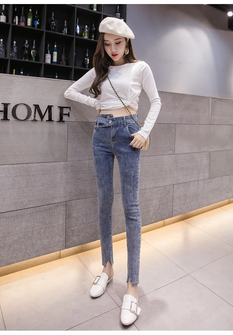 2019 LFF сезон: весна-лето для женщин в Корейском стиле Джокер Высокая талия Chic Cross Асимметричная эластичный пояс Slim Fit узкие джинсы мотобрюки