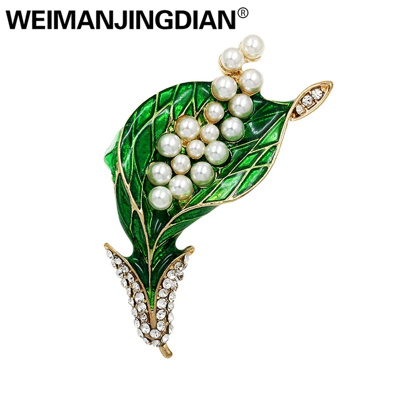 

WEIMANJINGDIAN New Arrival Green Enamel and Simulated Pearl Leaf Plant Brooch Enamel Pins for Women