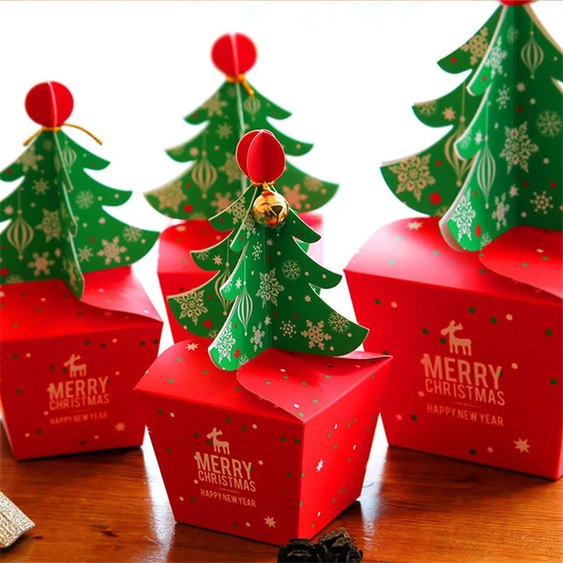 10pcs/lot Christmas Tree Boxes With Golden Bell Merry Christmas Party
