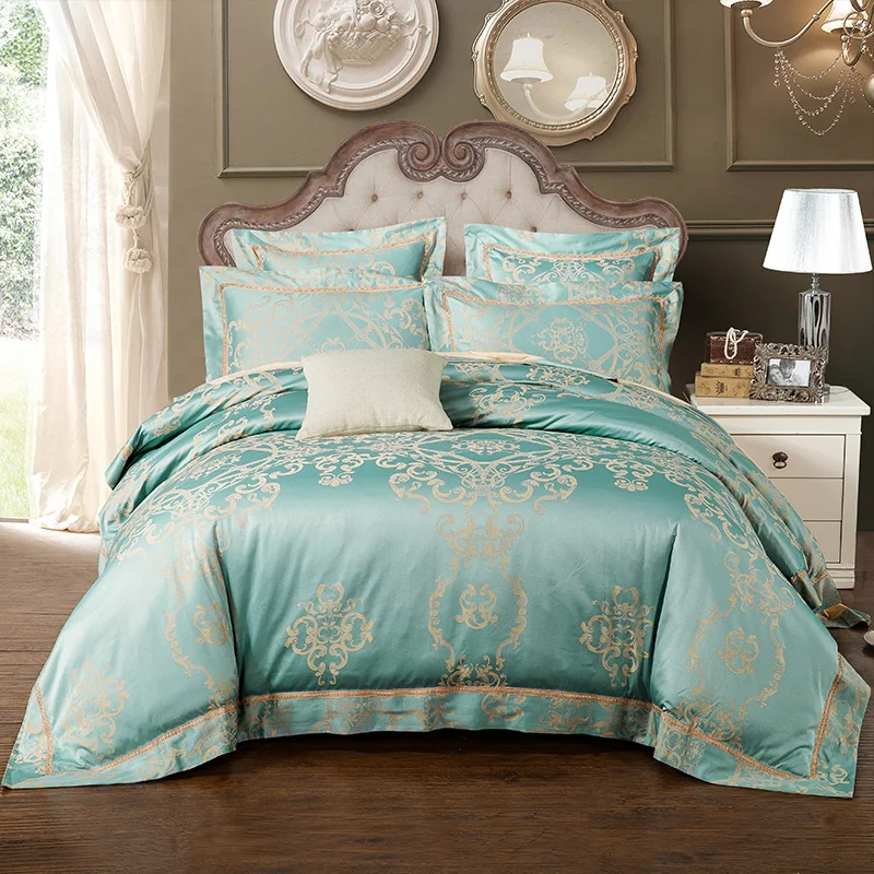 

Luxury Jacquard Satin Silk Bedding Set King Queen Size 2/4pcs Duvet Cover Bedclothes Bed Linen Home Textile Coffee blue colour