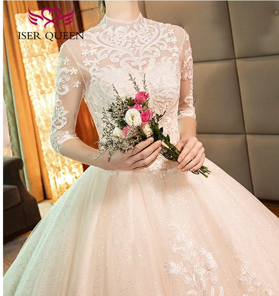 Высокая Sheer шеи Половина рукава Кружева свадебное платье es длинным шлейфом вышивать аппликации платье невесты свадебное платье Gelinlik WX0160