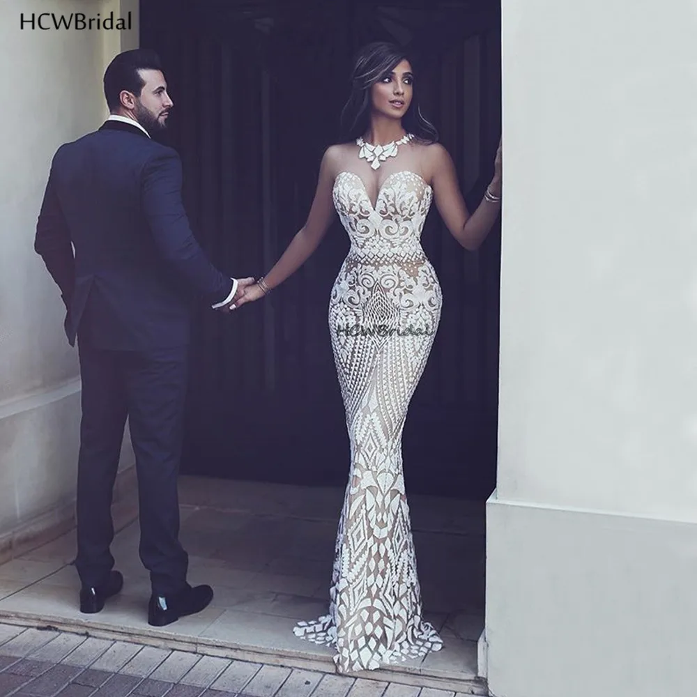 

Unique White Mermaid Wedding Dresses 2019 Floor Length Sleeveless Arabic Bridal Gowns Exquisite Sequins Lace Wedding Dress Cheap