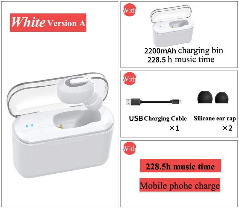 Беспроводные спортивные наушники с Bluetooth, Мини HiFi наушники с громкой связью, стерео звук, наушники, игровая гарнитура и зарядная коробка - Цвет: White-A