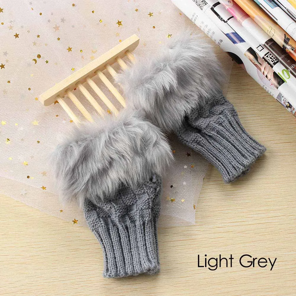 1-Light Grey Зимние осенние теплые модные наручные перчатки для девочек из искусственного кроличьего меха, вязаные женские вязаные варежки без пальцев, перчатки с открытыми пальцами - Цвет: 1-Light Grey