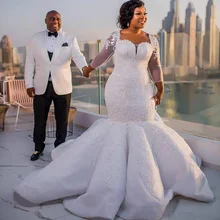 Южноафриканское свадебное платье с юбкой-годе, кружевные аппликации, большие размеры, сетчатые длинные рукава, свадебные платья атласные свадебные платья с коротким шлейфом
