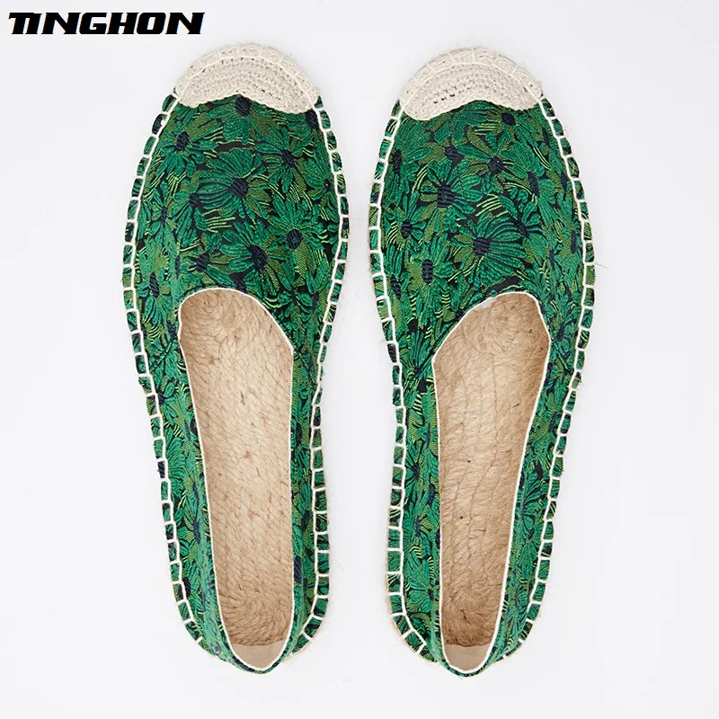 

TINGHON New Women Spring Ethnic Casual Espadrilles Flat Green flowers Printed Embroider Slip on Fishermen Hemp Rope Shoes