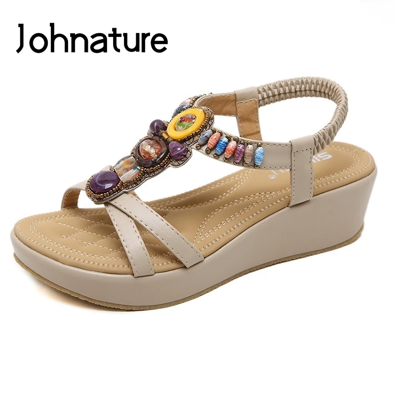 

Johnature 2019 New Summer Platform Sandals Casual Elastic Band Solid Ethnic String Bead Back Strap Wedges Crystal Women Shoes