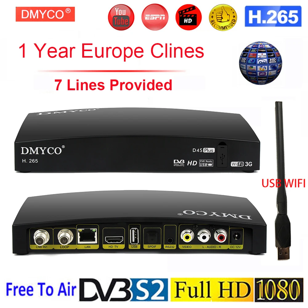  Original DVB S2 TV Receptor Digital Satellite Receiver HD 1080P for 1 Year Spain Europe D4S Pro LNB