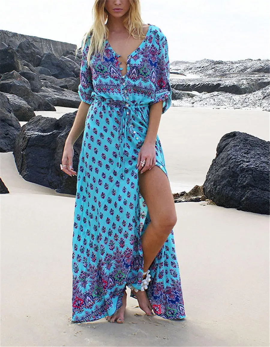 Gladiolus Boho Long Summer Dress Women Half Sleeve V Neck Button Print Floral Women Beach Dress 2019 Ladies Sexy Maxi Dresses (33)