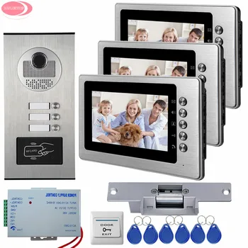 

7Inch Video Intercom With 3 Monitors +3 Buttons RFID Access Outdoor Camera Video Door Phone + Electric Strike Lock System Unit