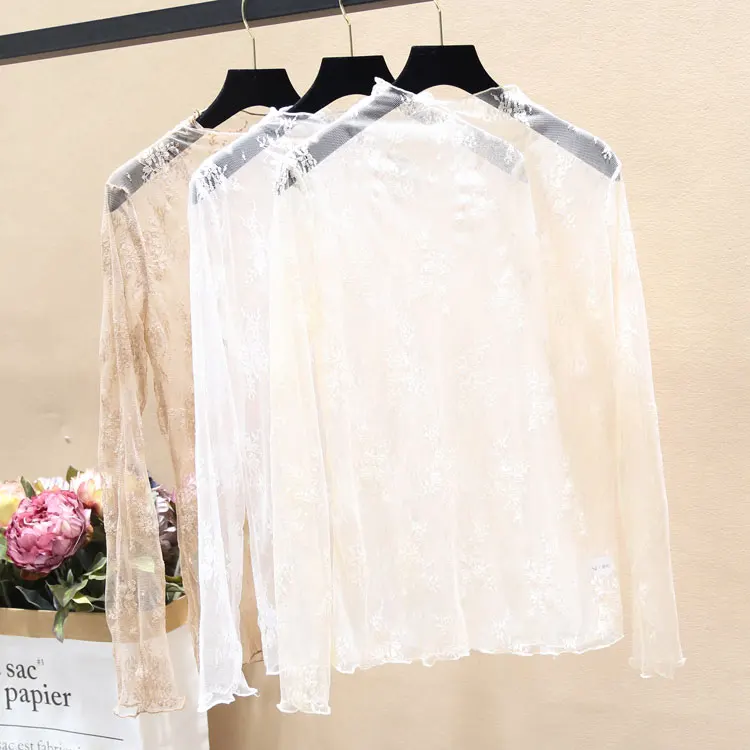 

Spring Summer Womens Long Sleeve Sexy Lace Mesh Embroidery Blouses Top Shirts Transparent See-through Beach Base Blouse Tops