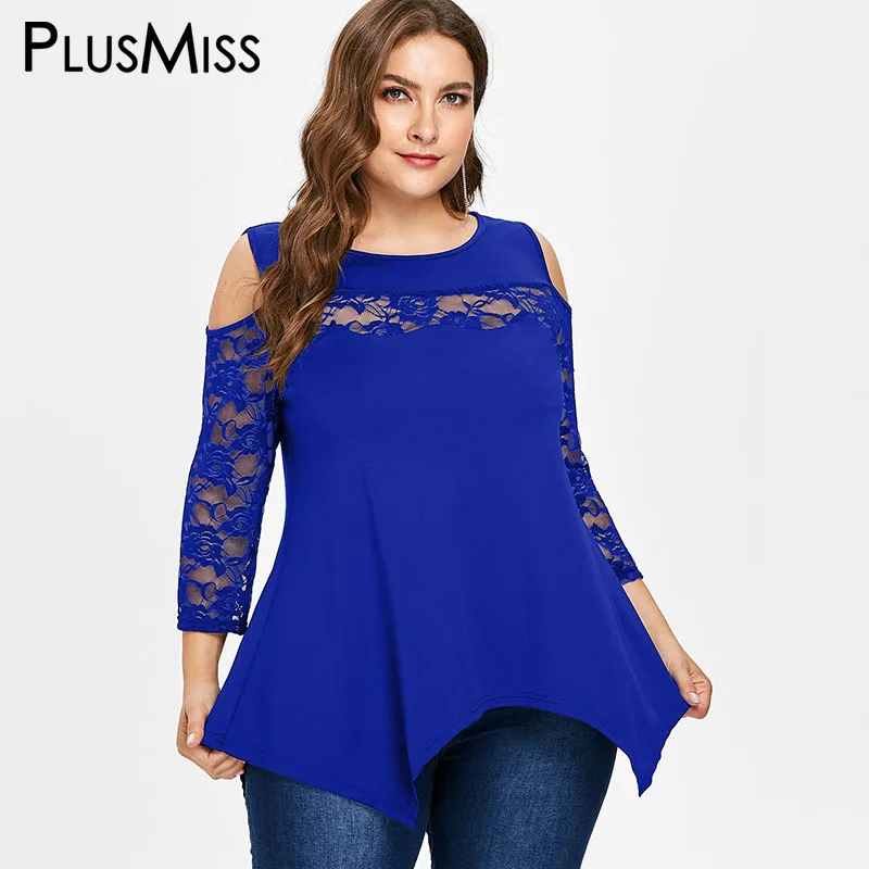 PlusMiss плюс Размеры Sexy цветочные кружева Блузка с длинными рукавами женские