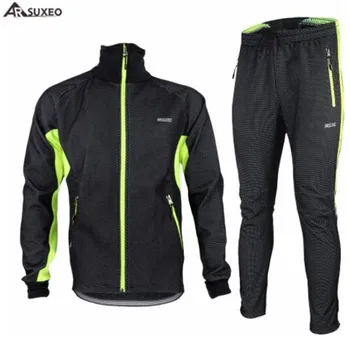 

ARSUXEO Winter Warm Up Fleece Thermal Cycling MTB Bike Bicycle Jacket Pants Suit Windproof Waterproof Wind Coat Clothing Set