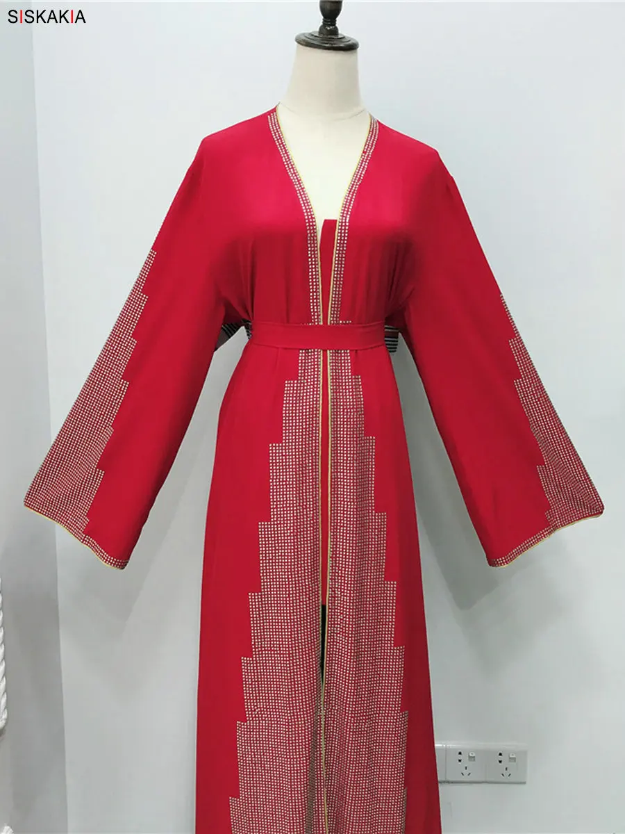 Siskakia/модный мусульманский кардиган abaya, Роскошное однотонное платье в стиле пэчворк со стразами, платье в восточном стиле, Ближний Восток