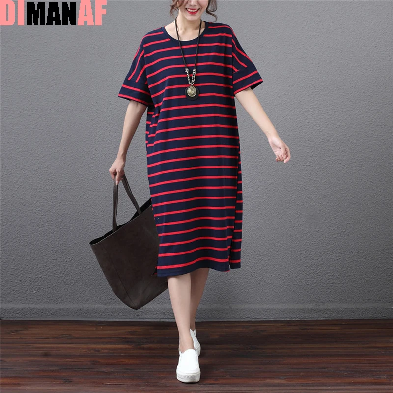 

Plus Size Women Cotton Dress O-Neck Striped Summer Dress T-Shirt Female Casual Colorblock Fashion Show Thin Green Red Dresses