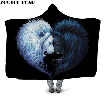 

Lion Head To Head 3D Printed Plush Hooded Blanket for Adults Children Warm Wearable Fleece Throw Blanket Home Office Washable