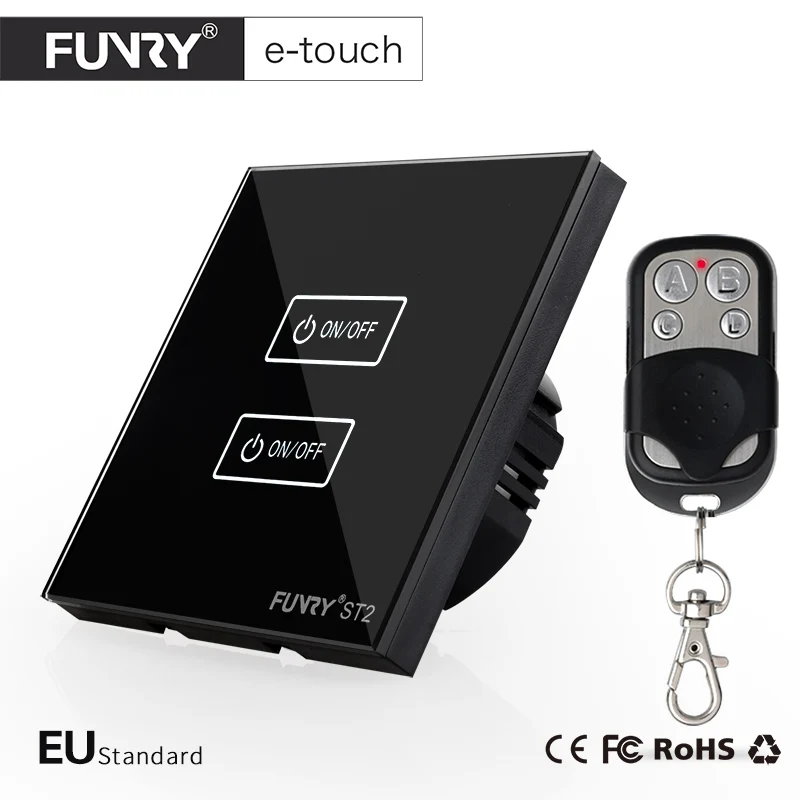 FUNRY ST2-EU Стандарт Роскошный Черный Кристалл Стекло 2 Gang 1 Way Сенсорный Выключатель