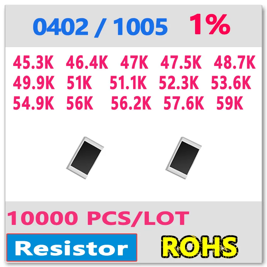 JASNPROSMA OHM 0402 F 1% 10000pcs 45 3 K 46 4 47K 47 5 48 7 49 9 51K 51 1 52 53 6 54 56K 56 2 57 59K smd 1005|smd 0402|smd 100smd 1k |