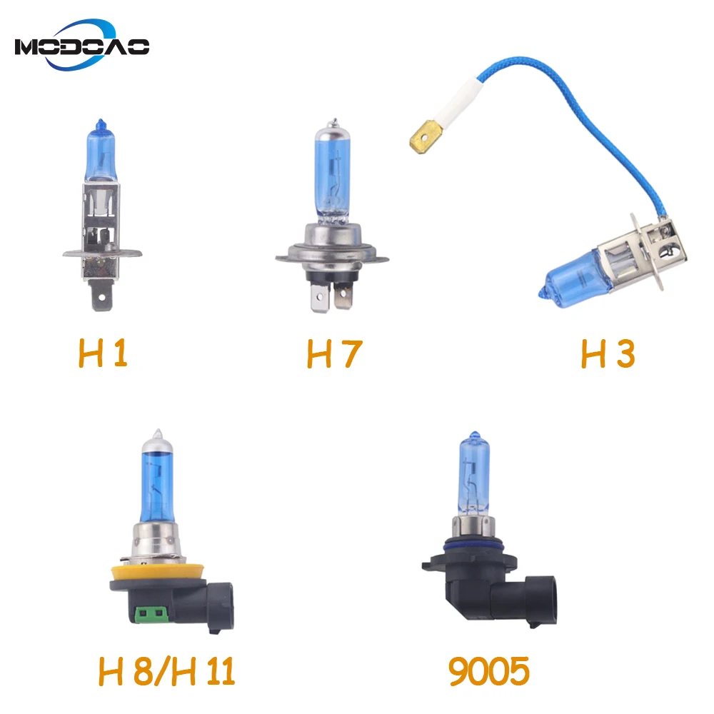 Modoao 1 шт. супер белая галогенная лампа H1 H3 H4 H7 H8 H11 9005 12 В 55 Вт 5000K кварцевое стекло