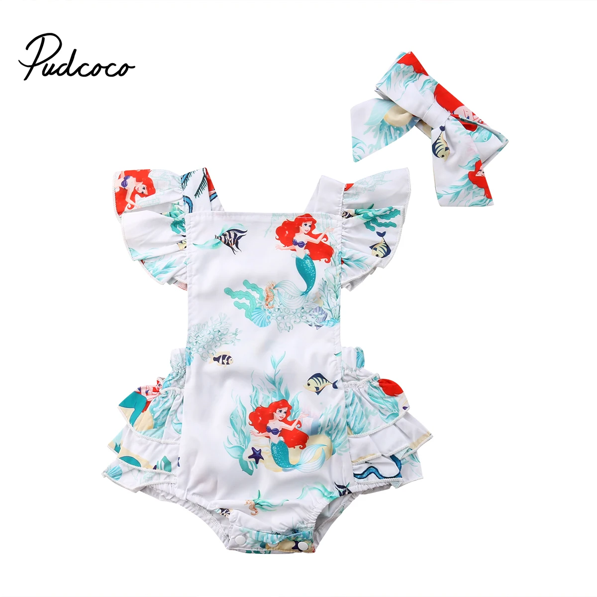 

2018 Brand New Infant Newborn Cute Toddler Baby Girls Lace Bodysuit Jumpsuit Outfits Fish Clothes Headband 2Pcs Sets