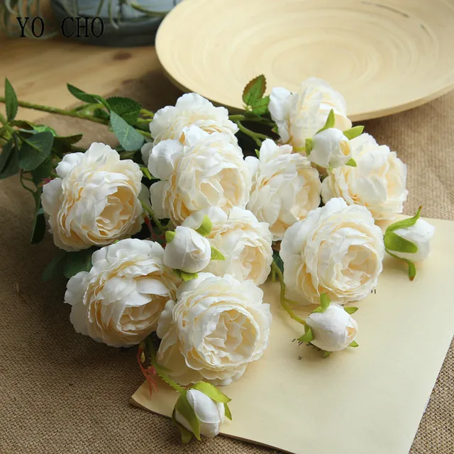Yo Cho 3 Heads Artificial Flower Fake Peony Red Rose Pink Silk Yo Cho 3 Heads Artificial Flower Fake Peony Red Rose Pink Silk White Peonies Bouquet Wedding Home Party Decoration