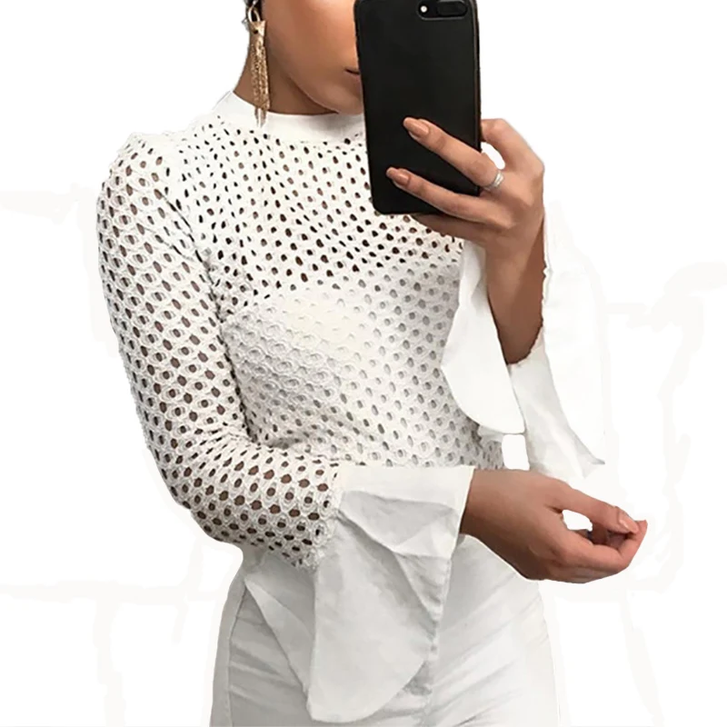 White Mesh Tops 2017 Women O neck Flare Long Sleeve T shirt Sexy