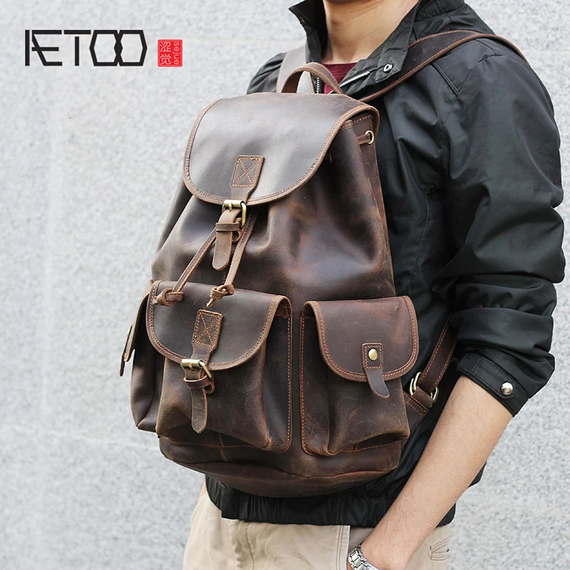 

BJYL Mad Horse Leather large capacity double shoulder bag male imported head cowhide handmade leather travel Bag