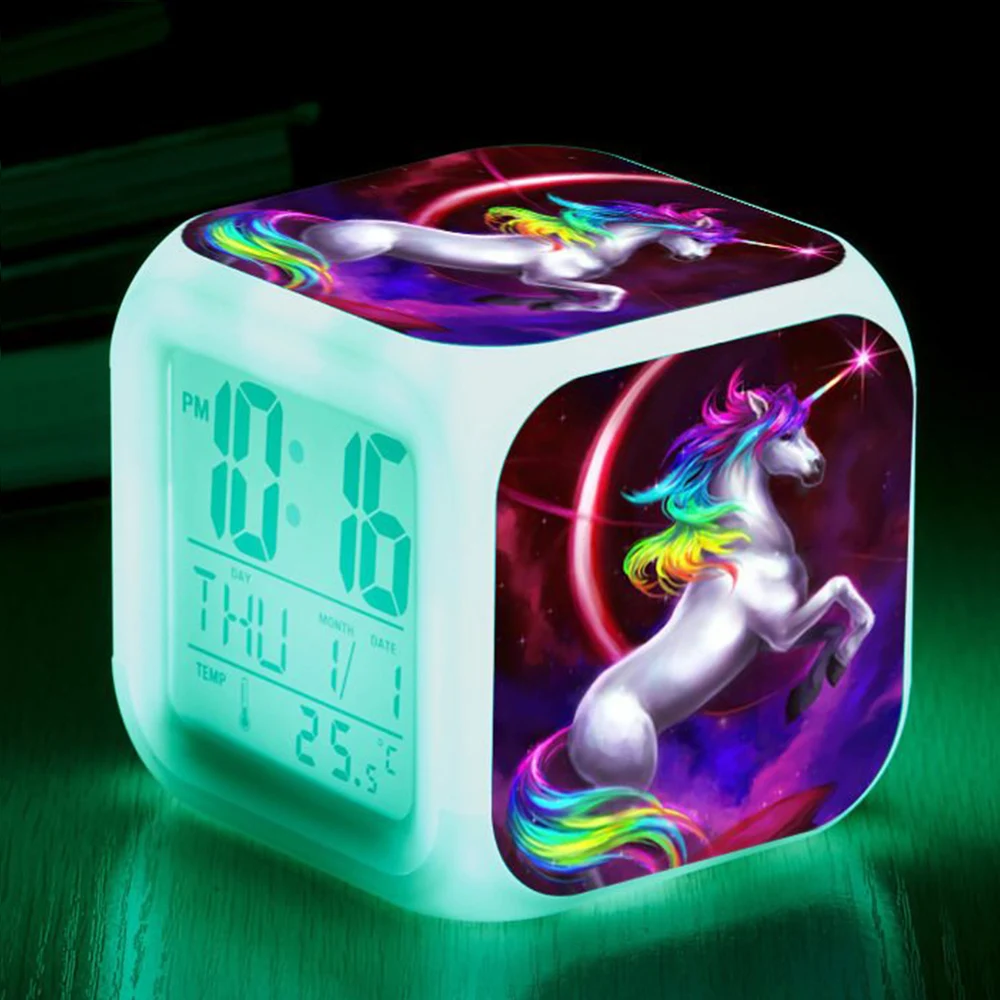 Cartoon Unicorn Alarm Clock Led Digital Alarm Clocks Child Kids Desk Clock 7 Color Changing Night Light Thermometer Gift K1019 B