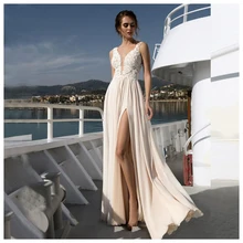 LORIE Boho Свадебное платье цвета шампанского трапециевидной формы с аппликацией из шифона длиной до пола свадебное платье на заказ с высоким разрезом