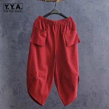 

Summer High Street Vintage Cotton Linen Pockets Womens Harem Pants Elastic Waist Solid Loose Casual Female Calf Length Pants