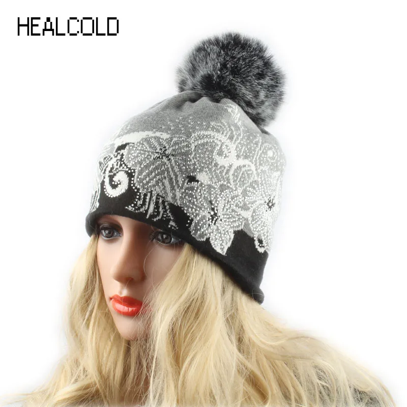 

Women Winter Rabbit Fur Hats Ladies Knitted Wool Beanies Faux Fur Pompom Hat Warm Casual Beanie Cap Skullies