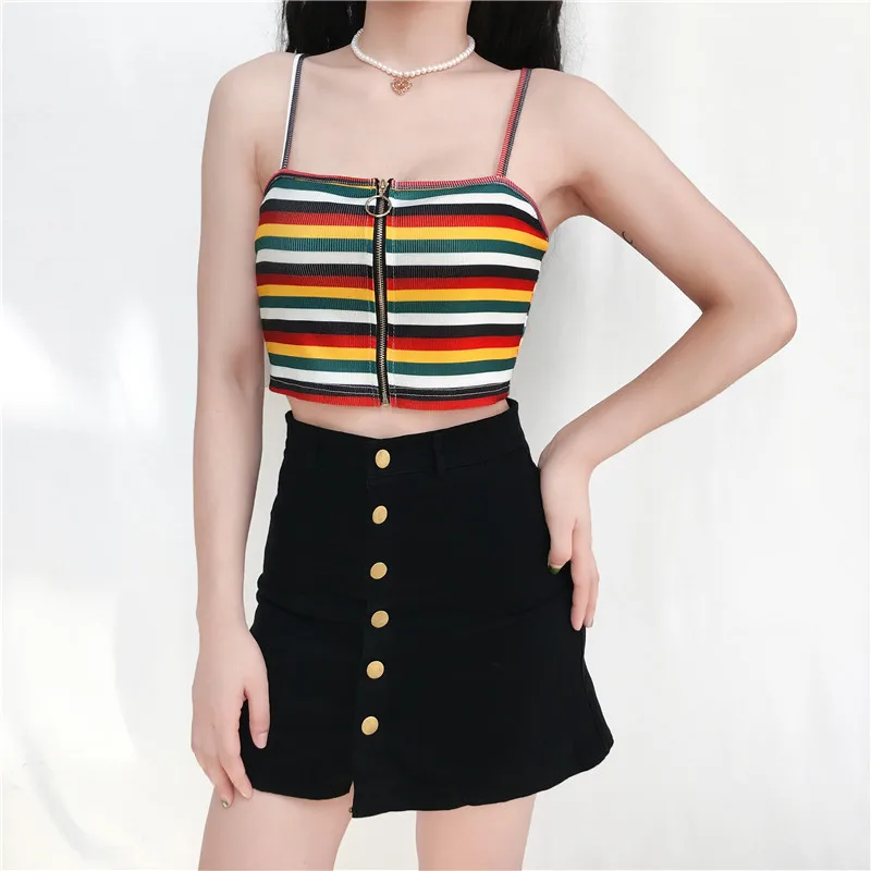 

2019 Fashion Ladies Womens Crop Top Strappy Rainbow Stripe Shirt Cropped Tops