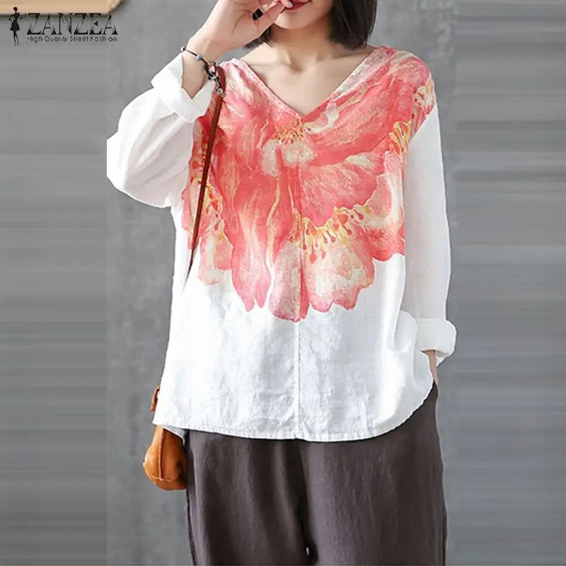 

2019 Plus Size ZANZEA Autumn Blouse Women Casual V-Neck Long Sleeve Floral Printed Party Loose Tunic Tops Blusas Female Chemise